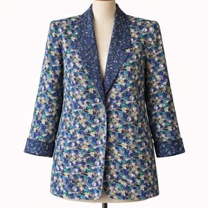 Baronesa Floral Blazer Jacket Vintage 80s Shoulder Pad Made USA Blue Green M/L